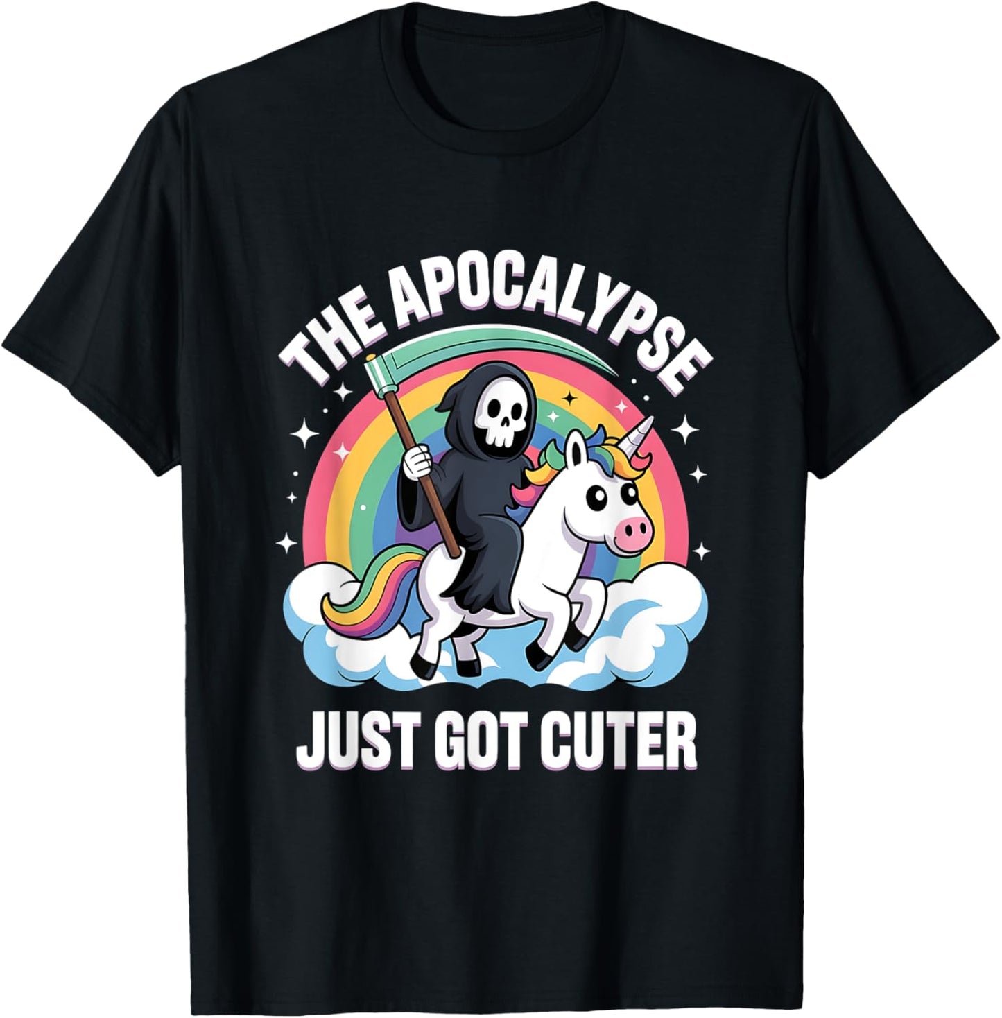 Cute Cartoon Grim Reaper Riding Rainbow Unicorn T-Shirt