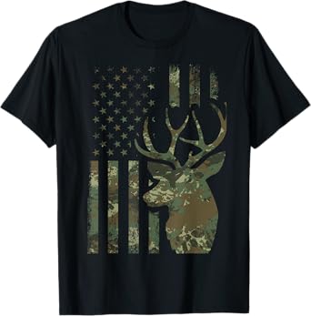 Camo American Flag Buck Hunting Gift for Elk Deer Hunter Men T-Shirt