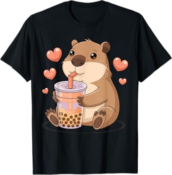 Cute Heart & Capybara Kawaii Drinking Bubble Tea Lover Girls T-Shirt