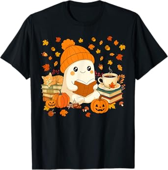Cute Ghost Reading Book Lovers Autumn Fall Halloween Ghost T-Shirt