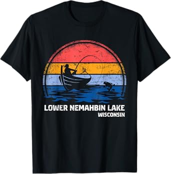 Vintage Retro Wisconsin Lower Nemahbin Lake Summer Fishing T-Shirt