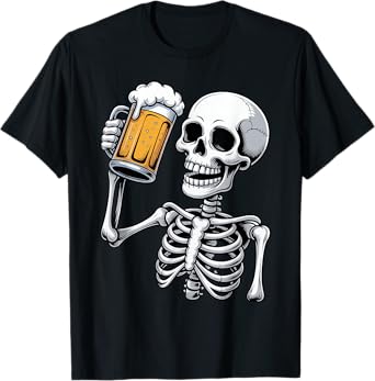 Skeleton Beer Drinker Funny Spooky Halloween Costume Party T-Shirt