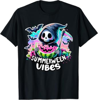 Retro Ghost Summerween Vibe Watermelon Ghost Summer Skeleton T-Shirt