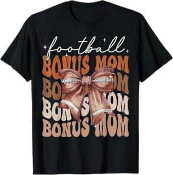 Football Bonus Mom American Football Coquette Bow Groovy T-Shirt