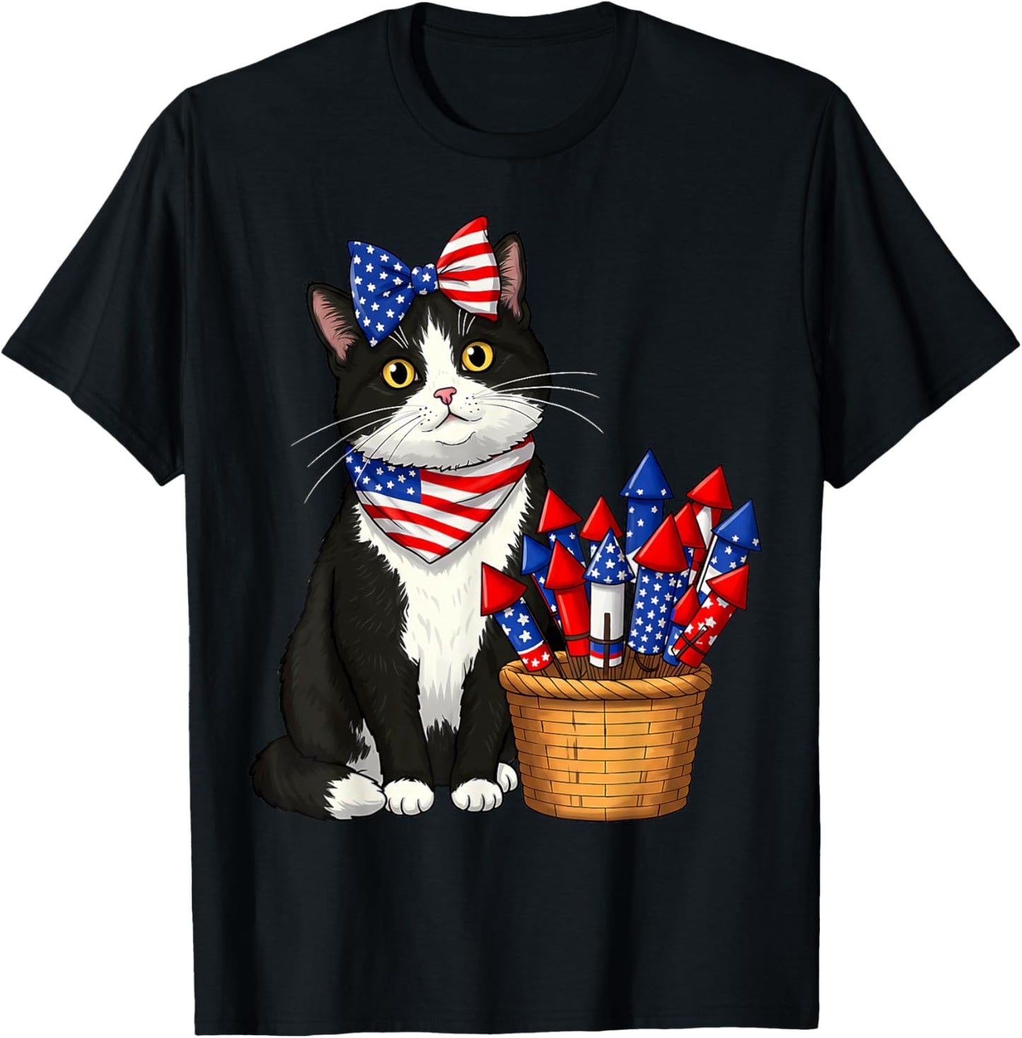 4th Of July Cat and Fireworks Design for Men Women Kids T-Shirt