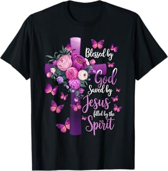 Blessed by God Saved by Jesus Purple Floral Cross Christian T-Shirt