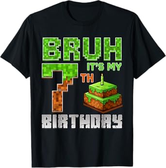 Birthday Boy Bruh It's My 7th Birthday Pixel Funny Gamer T-Shirt