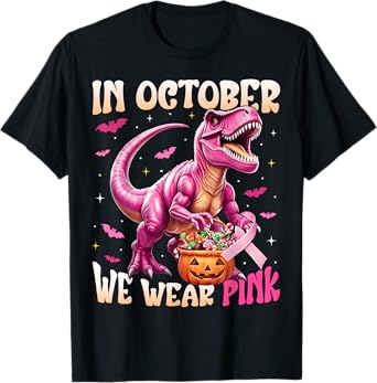 Dinosaur In October We Wear Pink Breast Cancer Awareness T-Shirt