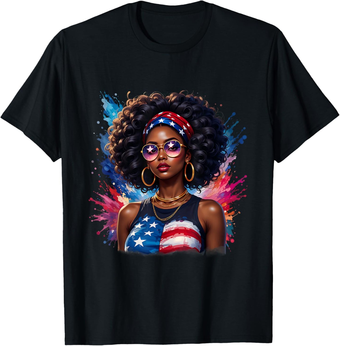 African American Women Afro 4th of July Freedom Black T-Shirt