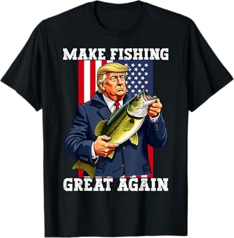 Patriotic Fisherman 'Make Fishing Great Again' Funny Bass Fishing Humor Trump T-Shirt - Black, Unisex-Adults, Short Sleeve, Classic Fit, Cotton Blend, Small