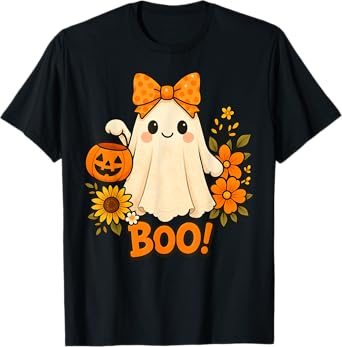 Retro Floral Boo Ghost Pumpkin Bow Halloween Women Kids T-Shirt