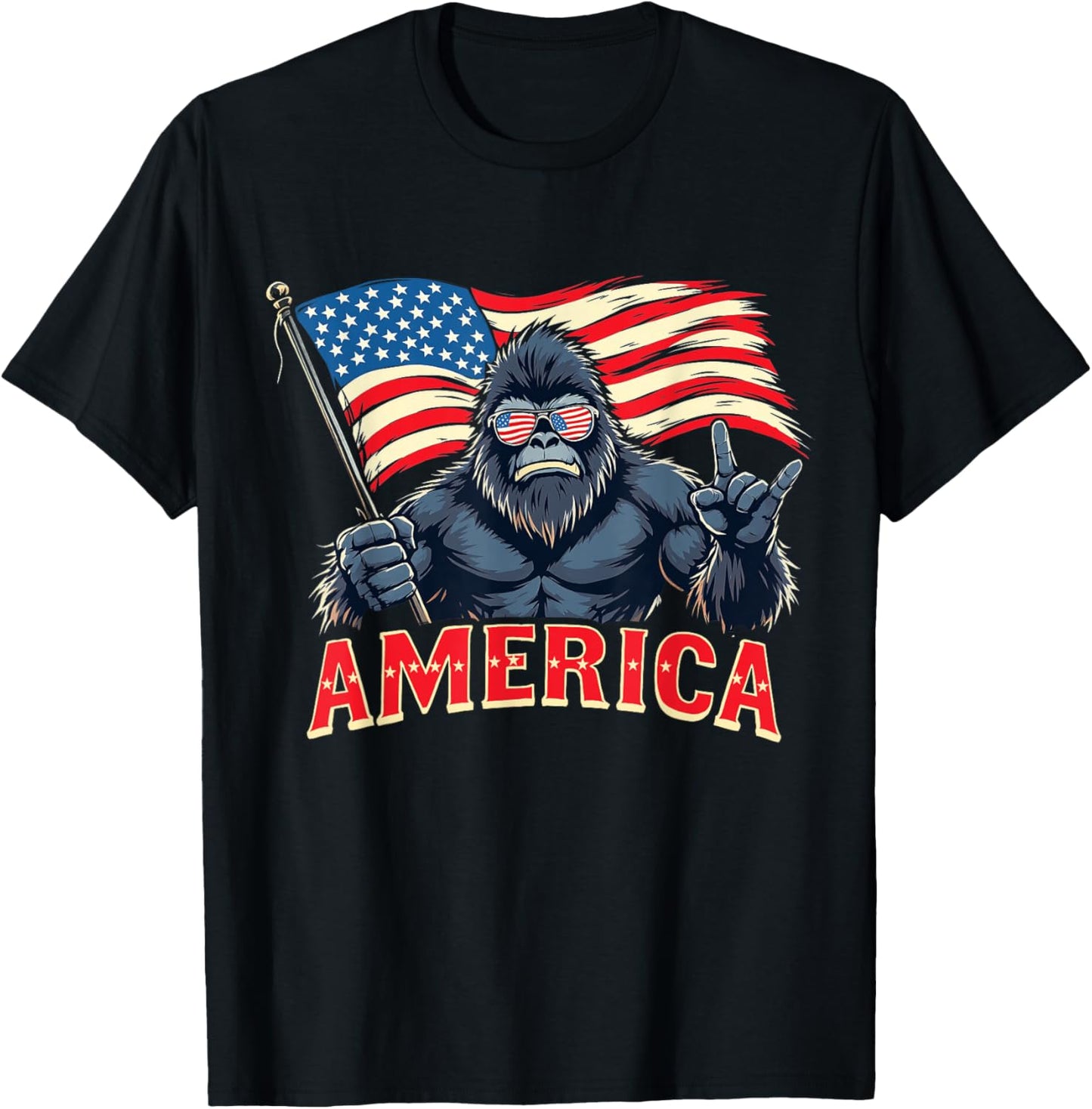 America Bigfoot Sasquatch July 4th USA Flag Rock Patriotic T-Shirt