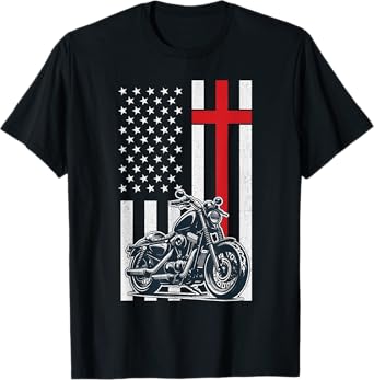 Christian Biker Motorcycle American Flag Cross T-Shirt