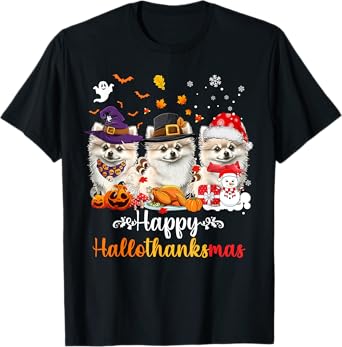 Happy Hallothanksmas Pomeranian Dog Halloween Christmas Men Women Kids T-Shirt