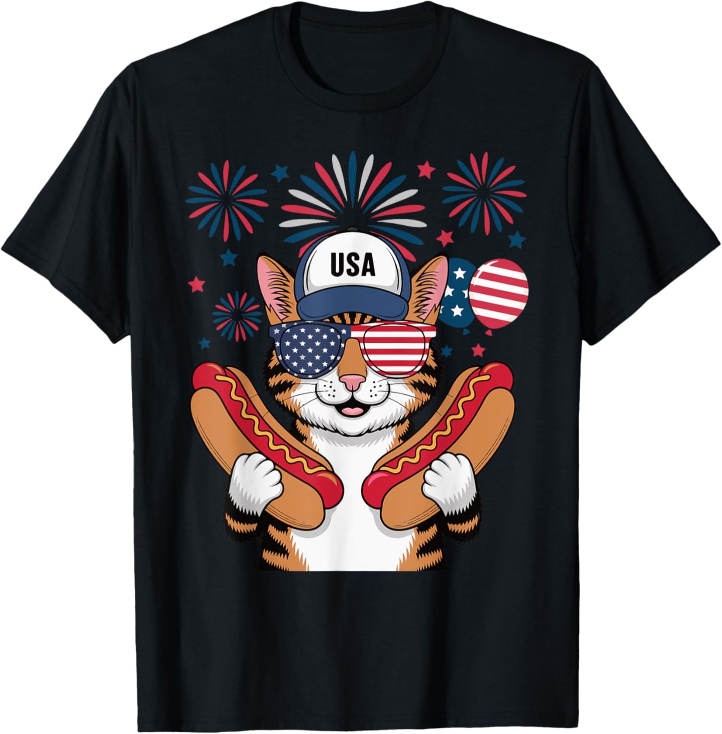 Funny Patriotic Cat Hotdog American USA Flag 4th Of July T-Shirt