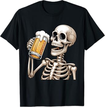 Skeleton Drinking Beer Halloween Spooky Season Mens Womens T-Shirt