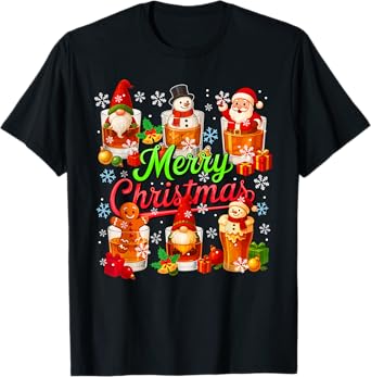 Merry Christmas Group Santa Gnome Cookies in Whiskey Glasses T-Shirt