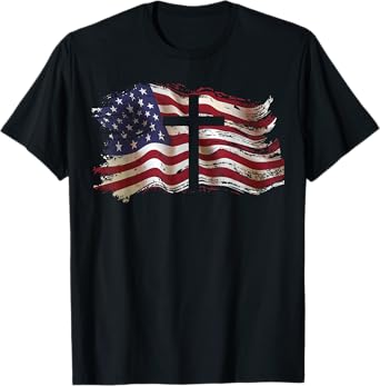American Flag Cross for Patriotic USA Christians God Faith T-Shirt