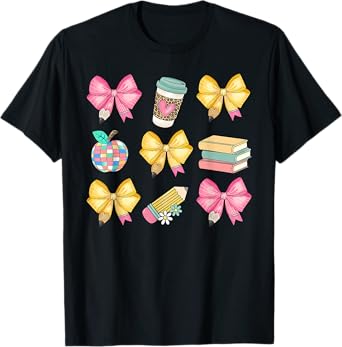 Coquette Bow Pencil Teacher Student First Day Back To School T-Shirt