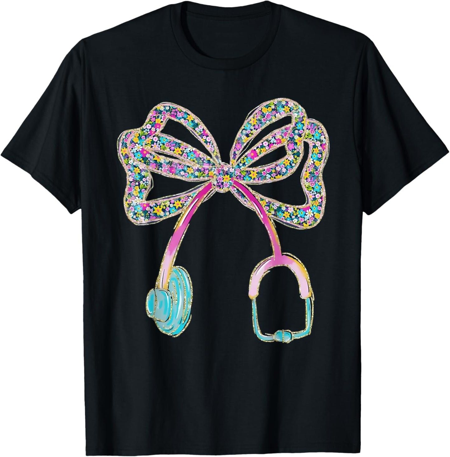 Floral Blue Coquette Bow Nurse Stethoscope Nursing Doctor T-Shirt