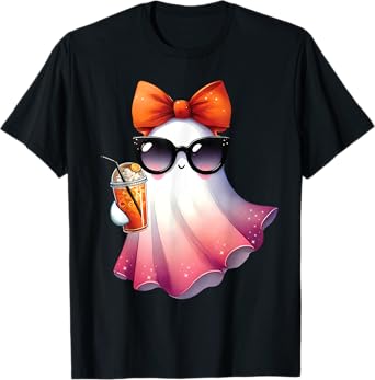 Cute Ghost Drinking Coffee With Halloween Bow Womens Girls T-Shirt