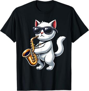 Funny Cat Wearing Sunglasses Playing Saxophone T-Shirt