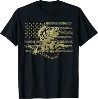 Fishing Camouflage US American Flag Bass Fish Fisherman Camo T-Shirt