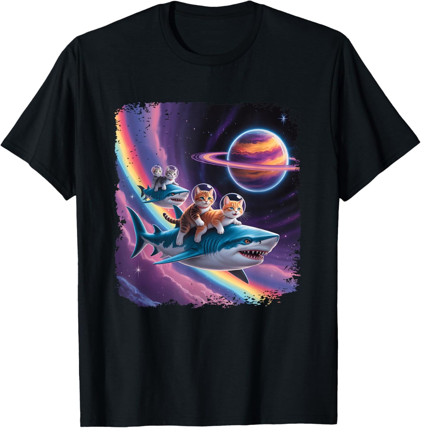 Rainbow Galaxy Cat Riding Shark in Space Sci-fi Space Planet T-Shirt