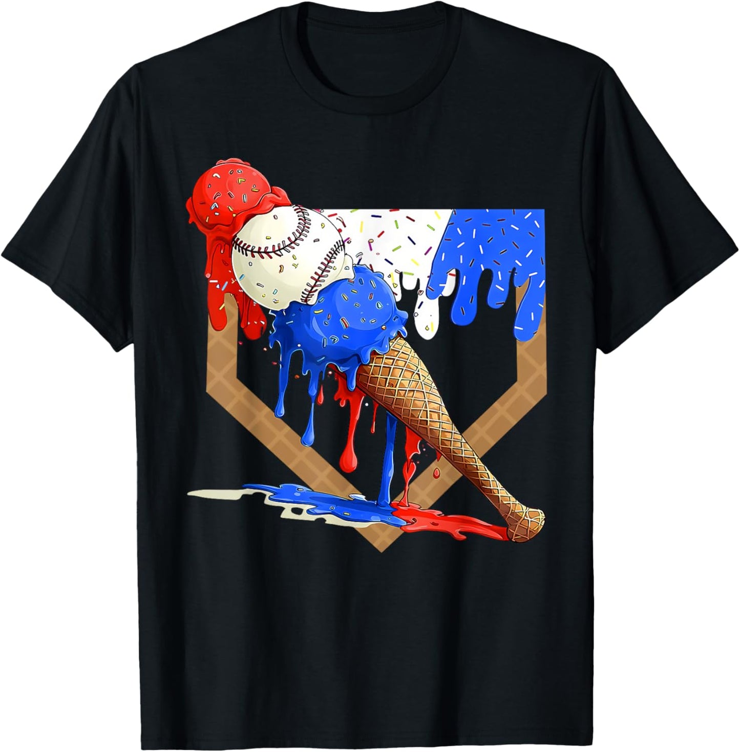 Baseball Home Plate Ice Cream Drip Red White Blue T-Shirt