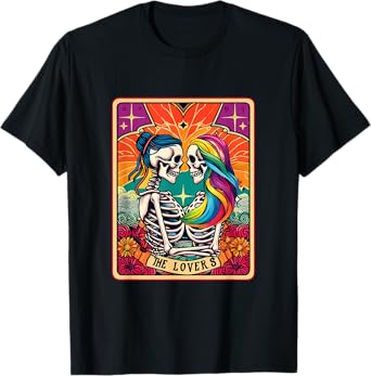 Tarot Card The Lovers Rainbow Kissing Lesbian Skeletons T-Shirt