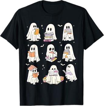 Cute Ghost Reading Book Lovers Halloween Funny Ghost Book T-Shirt