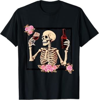 Halloween Funny Hallo-Wine Floral Skeleton Drinking Wine T-Shirt