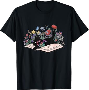 Floral Black Cat Book Cute Cat Mom For Women Book Lover T-Shirt