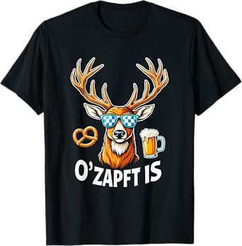 Deer with Sunglasses O'zapft is Bavarian Flag Oktoberfest T-Shirt