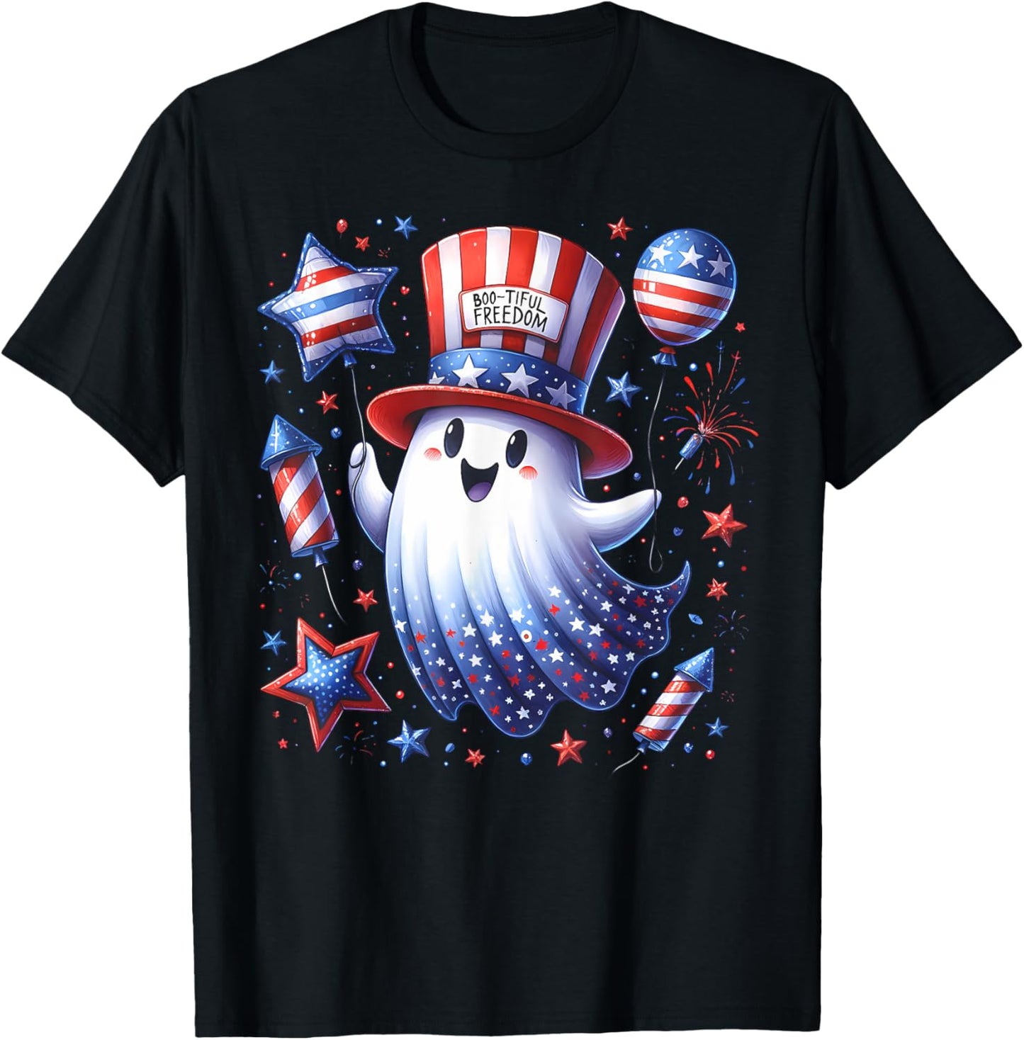 Patriotic Ghost Holding Balloons 4th Of July Fireworks T-Shirt