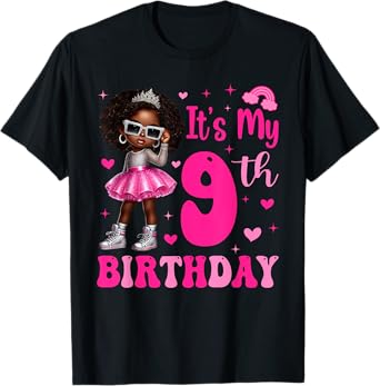 9 Years Old Black Kids It's My 9th Birthday Black Girl T-Shirt