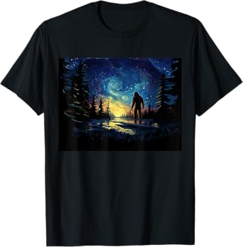 Funny Bigfoot Hiking Art Starry Night Hiker Want to Believe T-Shirt