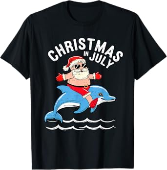 Santa Ridding Shark Christmas In July Xmas Summer Boys Kids T-Shirt