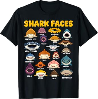 Cute Cartoon Shark Faces Funny Ocean Animal Kids Humor T-Shirt