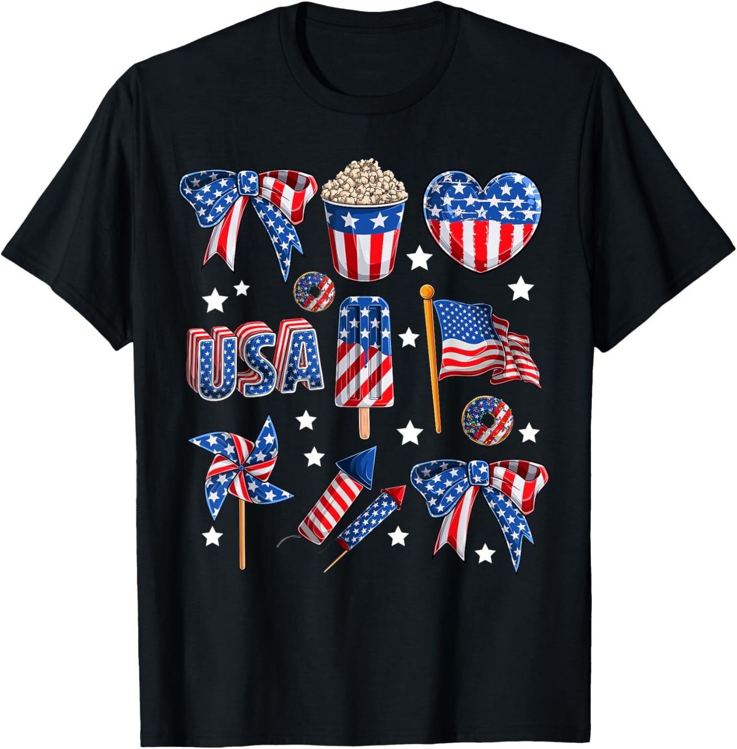 Girls USA Flag Fireworks Bows Patriotic 4th of July Coquette T-Shirt
