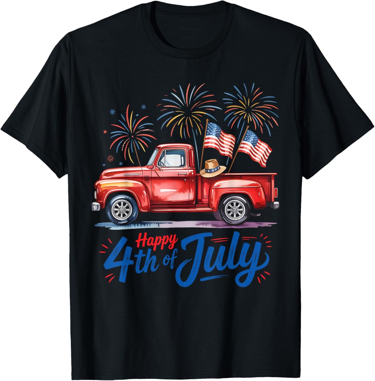 Happy 4th Of July Truck American Flag Firework Patriotic Usa T-shirt
