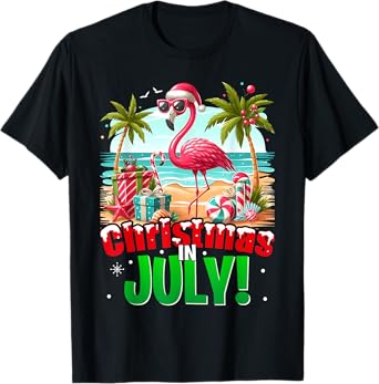 Christmas In July Shirt Boys Kids Santa Flamingo Summer Xmas T-Shirt