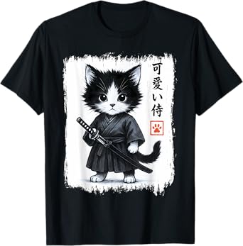 Samurai Cat Sumi-e Japanese Art Graphic Tee Kawaii Funny Cat T-Shirt for Men Women Kids