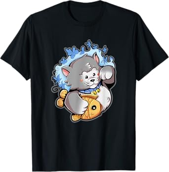 Lucky Gray Maneki-Neko Cat with a Taiyaki T-Shirt