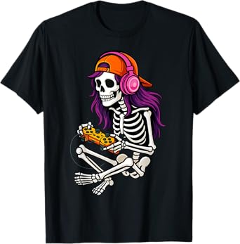 Gamer Skeleton Halloween Girls Teens Women Video Gaming T-Shirt