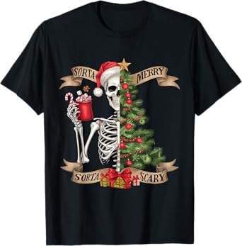 Funny Christmas Skeleton Sorta Merry Sorta Scary Tree Xmas T-Shirt