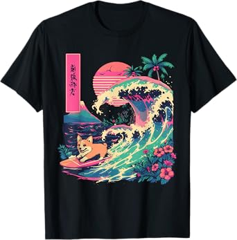 Japanese Corgi Surfing Great Wave Japan T-Shirt
