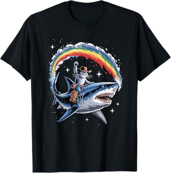 crazy cowboy cat riding a shark T-Shirt