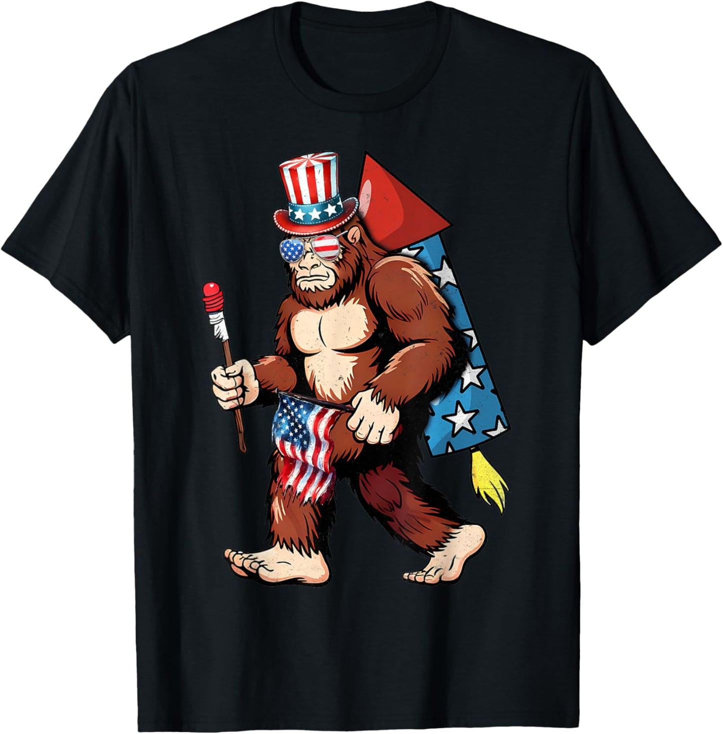 Bigfoot Fireworks 4th Of July Men Sasquatch American Flag Us T-shirt