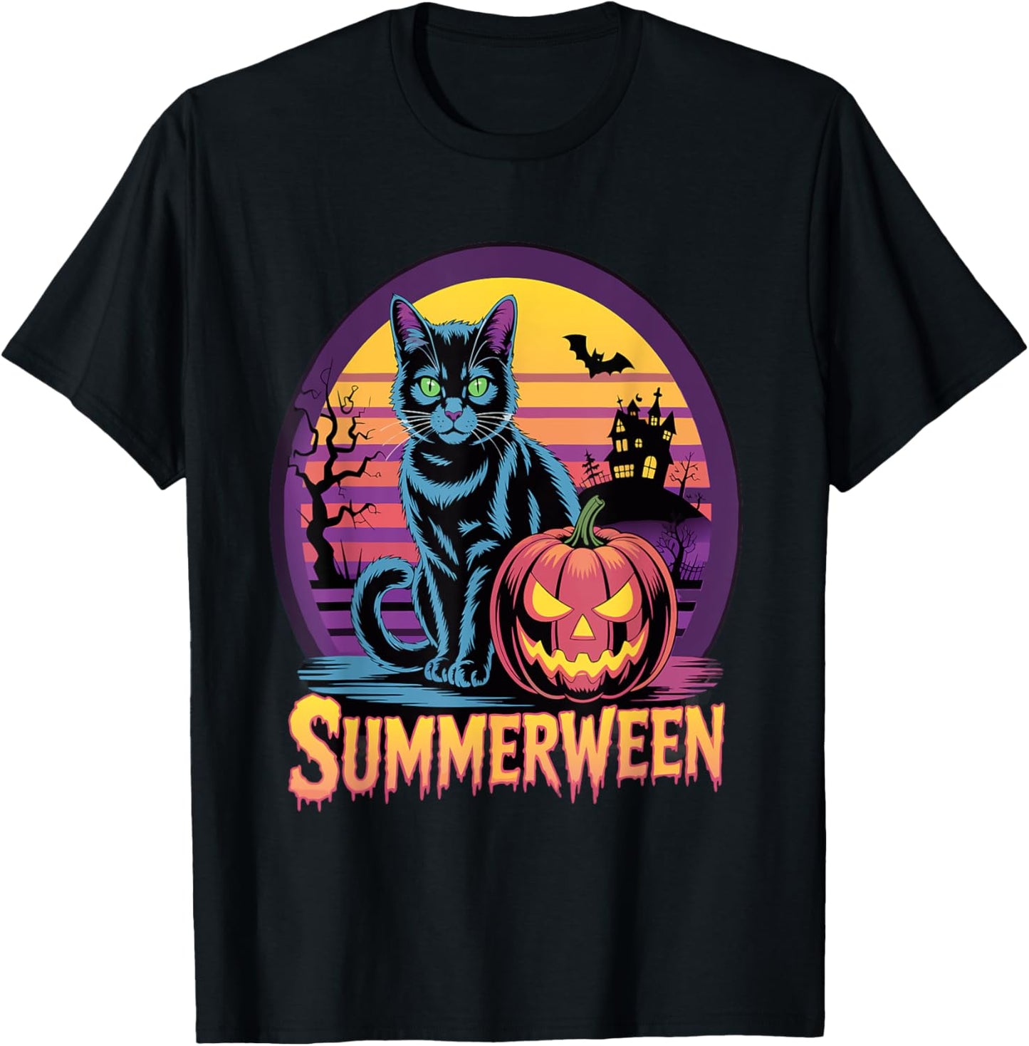 Retro Black Cat Spooky Cute Art Summerween Vibes T-Shirt